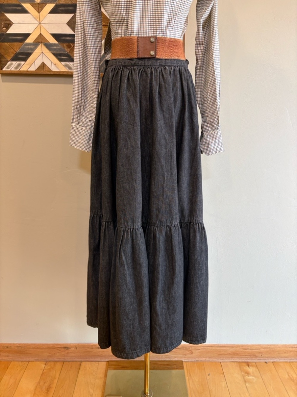 Vintage Ralph Lauren Blue Label 80s Black Denim Tiered Peasant Maxi Skirt sz 10 - Picture 5 of 16